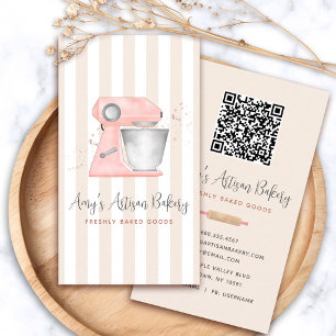 Bakery Peach Kitchen Mixer Beige Stripes QR Code Business Card