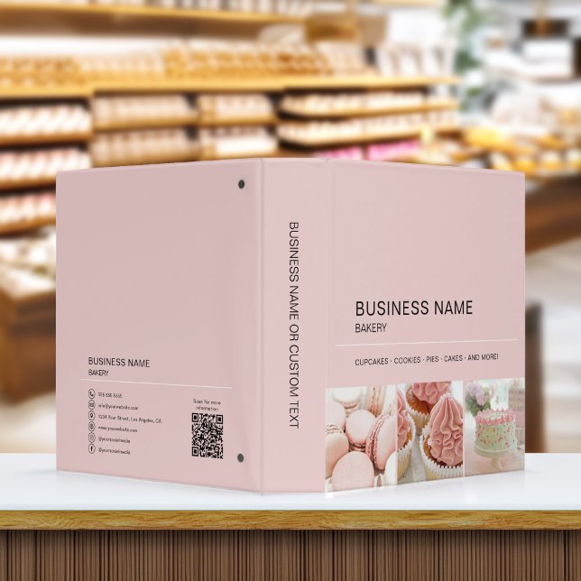 Bakery Photo QR Social Media Pink Business Binder (Bakery Cupcakes Cake Shop Business 3 Ring Binder by MINTIC DESIGN STUDIO)