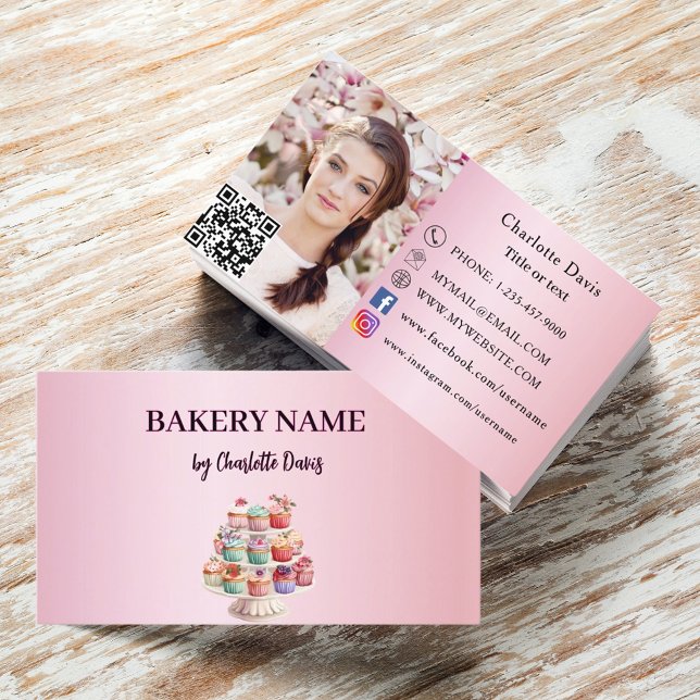 Bakery pink bakery pastry cupcakes QR code photo Business Card (Creator Uploaded)