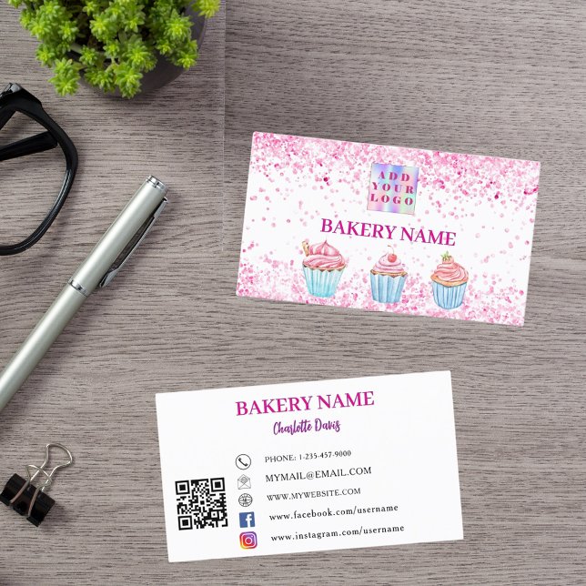 Bakery pink cupcakes pastry QR code logo Business Card (Creator Uploaded)