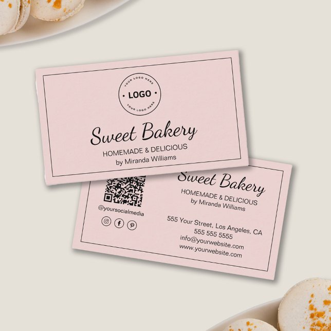 Bakery Pink Modern Logo QR Social Media Icons Business Card (Bakery Pink Modern Logo QR Social Media Icons Business Card)