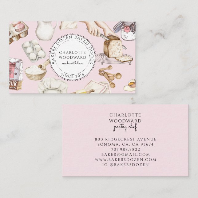 Bakery Pink Watercolor Baking Ingredients Business Card (Front/Back)