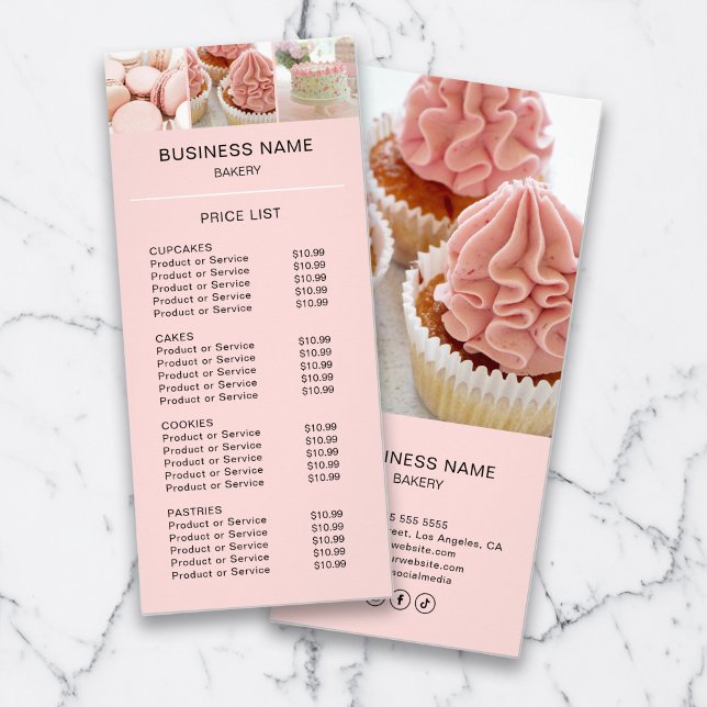 Bakery Price List Custom Photo QR Pink  Rack Card (Bakery Price List Custom Photo QR Pink Rack Card)