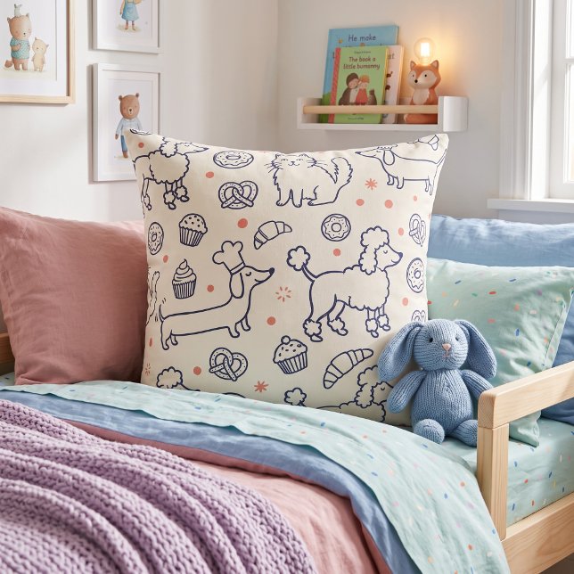 Bakery Pups & Kitties Navy Throw Pillow (Creator Uploaded)