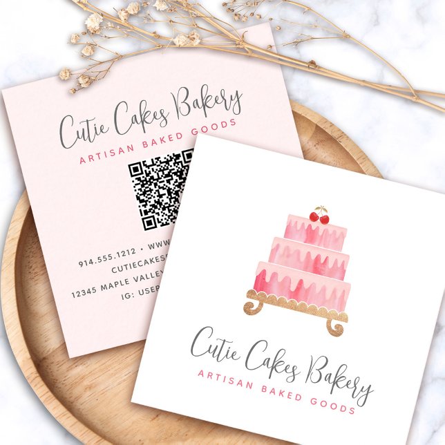 Bakery QR Code Blush Pink Cake Pastry Chef Minimal Square Business Card (Creator Uploaded)