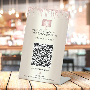 Bakery QR Code Scan Menu Pink Cake Glitter Gold  Pedestal Sign