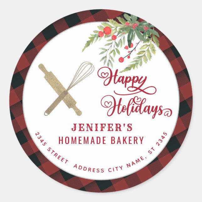 Bakery rolling pin whisk holiday packaging classic round sticker (Front)