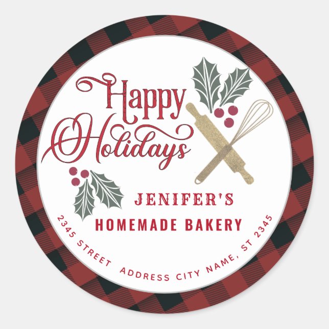 Bakery rolling pin whisk holiday packaging plaid classic round sticker (Front)
