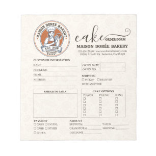 Bakery Store Pastry Chef Cake Baker Order Form Notepad