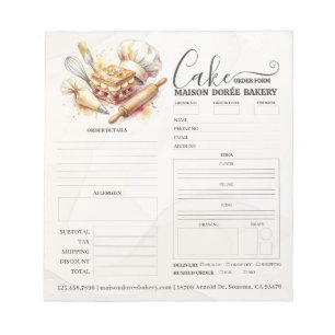 Bakery Store Pastry Chef Cake Baker Order Form Notepad
