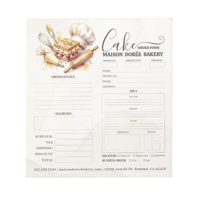 Bakery Store Pastry Chef Cake Baker Order Form Notepad (Front)