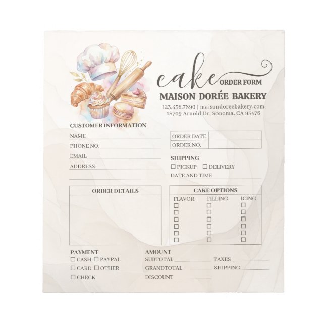 Bakery Store Pastry Chef Cake Baker Order Form Notepad (Front)