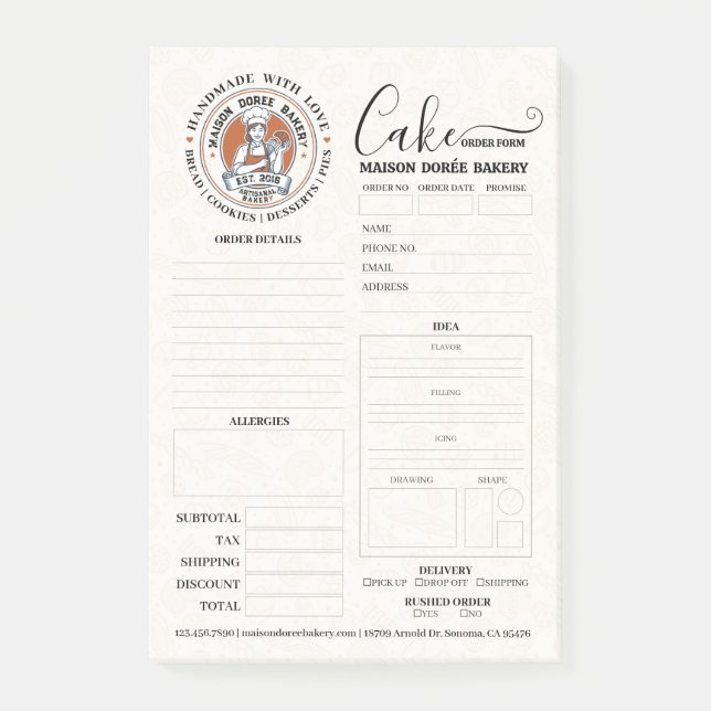 Bakery Store Pastry Chef Cake Baker Order Form Post-it Notes (Front)