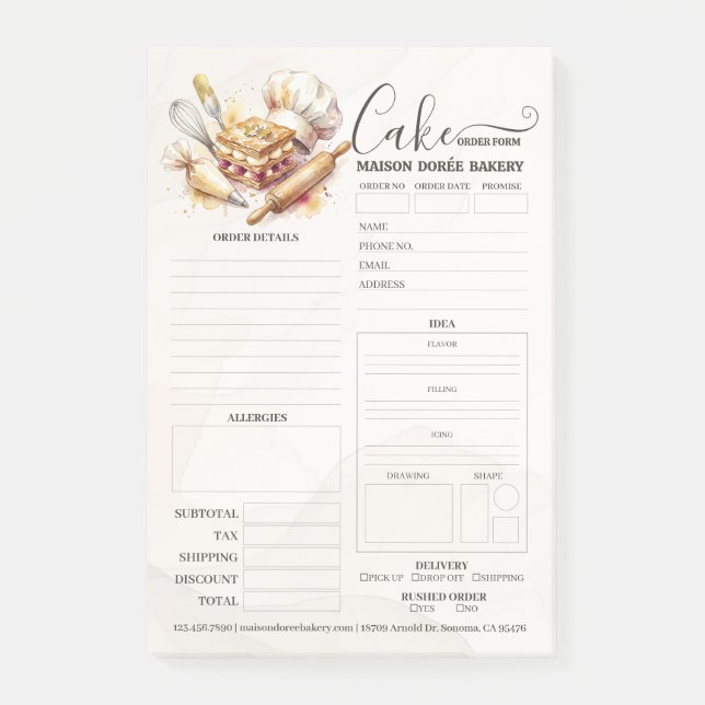 Bakery Store Pastry Chef Cake Baker Order Form Post-it Notes (Front)