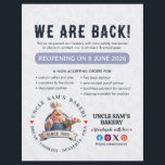 Bakery Store Pastry Chef Desserts Grand Reopening Flyer<br><div class="desc">A charming 3D cartoon illustration of a friendly, portly pastry chef with a cheerful smile and a well-groomed mustache. He is dressed in a professional white chef's hat (toque), a vibrant red-and-white striped neckerchief, and blue denim overalls over a white shirt. The chef gives an enthusiastic thumbs-up while balancing a...</div>