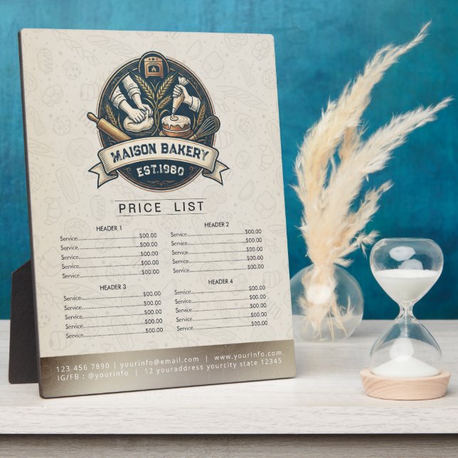 Bakery Store Pastry Chef Desserts Menu Price List Plaque (Side)