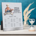 Bakery Store Pastry Chef Desserts Menu Price List Plaque<br><div class="desc">A charming 3D cartoon illustration of a friendly, portly pastry chef with a cheerful smile and a well-groomed mustache. He is dressed in a professional white chef's hat (toque), a vibrant red-and-white striped neckerchief, and blue denim overalls over a white shirt. The chef gives an enthusiastic thumbs-up while balancing a...</div>