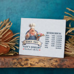 Bakery Store Pastry Chef Desserts Opening Hours Plaque<br><div class="desc">A charming 3D cartoon illustration of a friendly, portly pastry chef with a cheerful smile and a well-groomed mustache. He is dressed in a professional white chef's hat (toque), a vibrant red-and-white striped neckerchief, and blue denim overalls over a white shirt. The chef gives an enthusiastic thumbs-up while balancing a...</div>