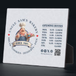Bakery Store Pastry Chef Desserts Opening Hours Plaque<br><div class="desc">A charming 3D cartoon illustration of a friendly, portly pastry chef with a cheerful smile and a well-groomed mustache. He is dressed in a professional white chef's hat (toque), a vibrant red-and-white striped neckerchief, and blue denim overalls over a white shirt. The chef gives an enthusiastic thumbs-up while balancing a...</div>