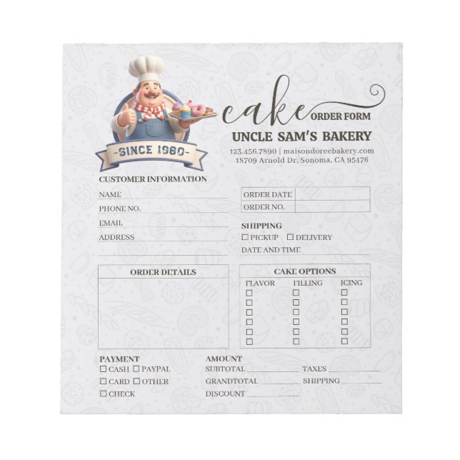 Bakery Store Pastry Chef Desserts Sweet Order Form Notepad (Front)