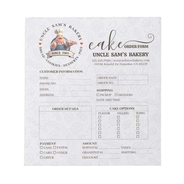 Bakery Store Pastry Chef Desserts Sweet Order Form Notepad (Front)