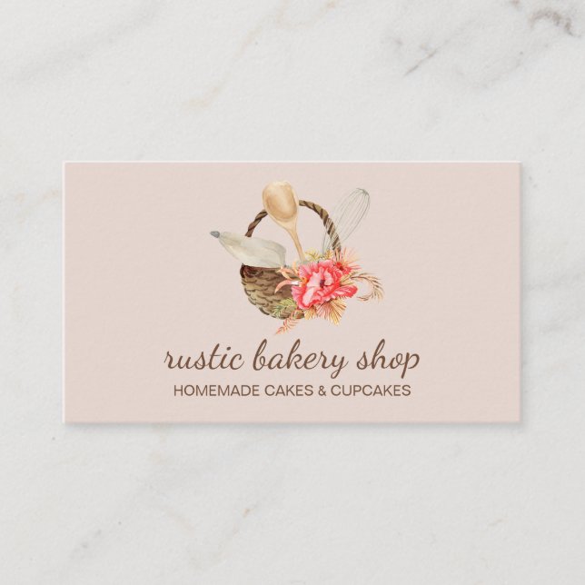 Bakery Utensils with Rustic Basket pink Business Card (Front)