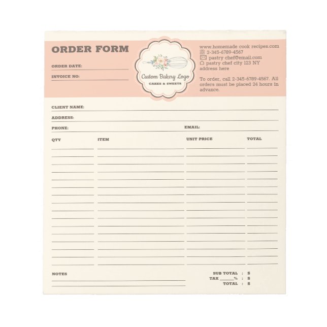 Bakery Whisk customer Order Form Notepad (Front)
