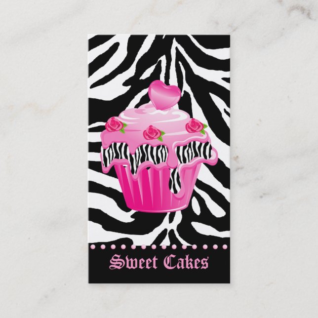 Bakery Zebra Rose Pink Cupcake Heart Icing Dots Business Card (Front)