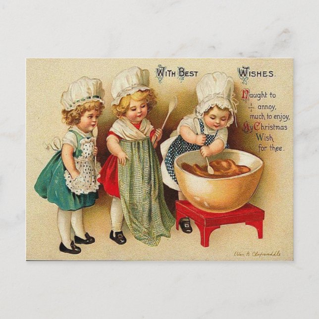 Baking A Christmas Plum Pudding Vintage Postcard (Front)
