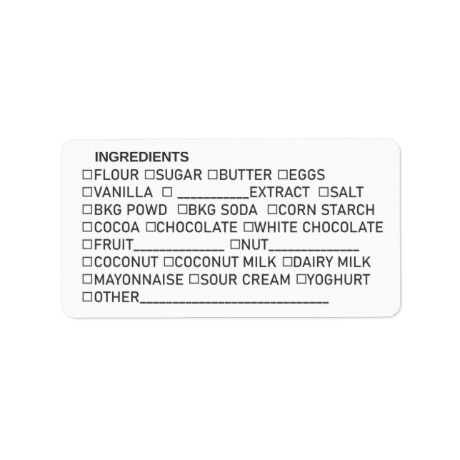 Baking bakery ingredients list packaging sticker (Front)