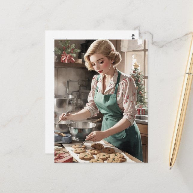 Baking Christmas Cookies Watercolor Postcard (Front/Back In Situ)