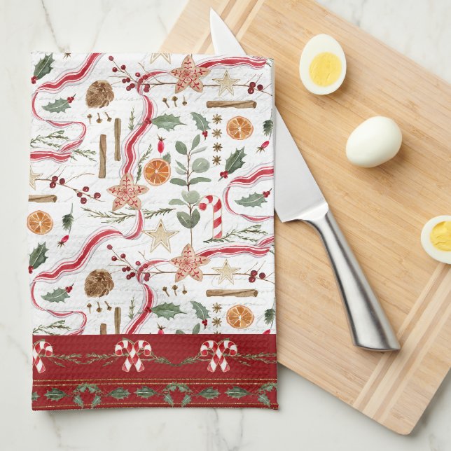 Baking Christmas Memories Cookies Red Watercolor Kitchen Towel (Quarter Fold)