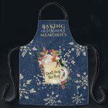 Baking Christmas quote eggnog gold snowflakes Apron<br><div class="desc">Baking Christmas Memories! A fun and cool illustration with a eggnog drink,  cinnamon sticks,  mistletoe,  red and green floral watercolor and gold glitter confetti  on an editable navy blue  background with editable snowflakes. Perfect Christmas and winter Holidays cooking apron!</div>