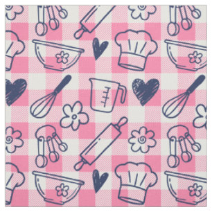 Baking Doodles on Gingham - Pink & Navy Fabric