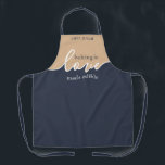 Baking is Love made Edible Fathers Day Apron<br><div class="desc">Father's Day Gift tof the Dad who loves to bake! Baking is Love Made Edible. NAVY & TAN. Clean Modern Script design.Your Homemade Baking frame-worthy. Sign his masterpiece with a flourish with this understated classy ALL-OVER PRINT APRON.. This design Coordinates with our Artisan Dough Covers--which you can find here: https://www.zazzle.com/collections/rising_bread_dough_cover_great_gift_for_bakers-119097812462675619...</div>