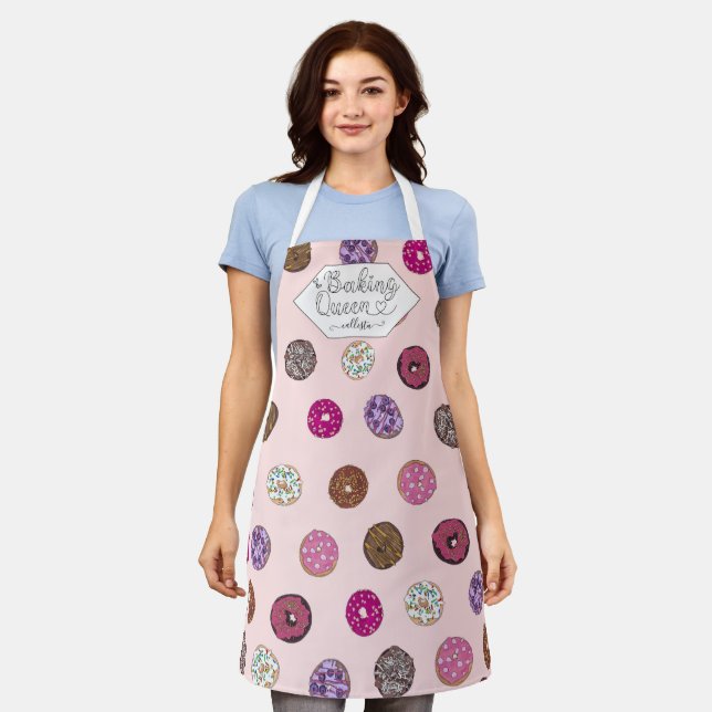 Baking Queen Pink Sprinkle Doughnuts Watercolor Na Apron (Worn)