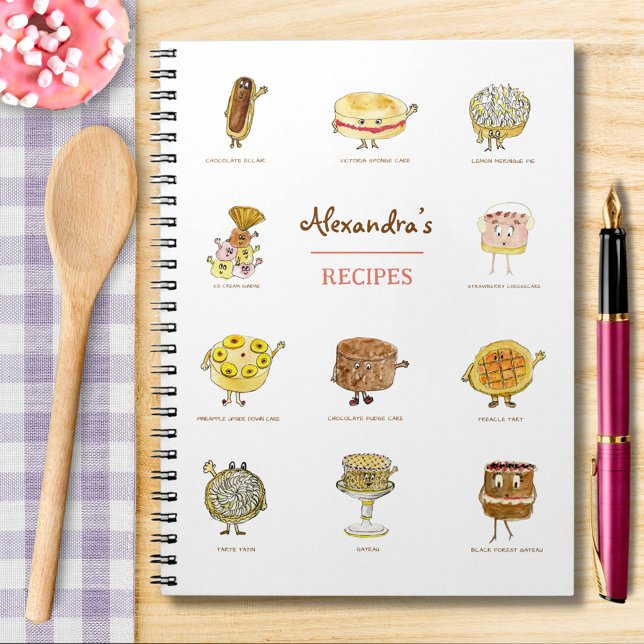 Baking Recipes Cute Cake Cartoon Art add Name Notebook (Baking recipe custom notebook with cute cake and dessert watercolor cartoon illustrations )