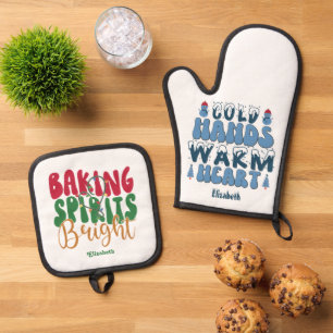 Baking Spirits Bright & Cold Hands Warm Heart Xmas Oven Mitt & Pot Holder Set