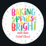 Baking Spirits Bright Colourful Sprinkles Christma Classic Round Sticker<br><div class="desc">This Christmas design features the text "baking spirits bright" in fun, colourful typography surrounded by a border of rainbow sprinkles! Click the customize button if you would like to move/scale the images and further modify the text! Variations of this design, additional colours, as well as coordinating products are available in...</div>