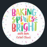 Baking Spirits Bright Colourful Sprinkles Christma Classic Round Sticker<br><div class="desc">This Christmas design features the text "baking spirits bright" in fun, colourful typography surrounded by a border of rainbow sprinkles! Click the customize button if you would like to move/scale the images and further modify the text! Variations of this design, additional colours, as well as coordinating products are available in...</div>