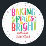Baking Spirits Bright Colourful Sprinkles Christma Classic Round Sticker<br><div class="desc">This Christmas design features the text "baking spirits bright" in fun, colourful typography surrounded by a border of rainbow sprinkles! Click the customize button if you would like to move/scale the images and further modify the text! Variations of this design, additional colours, as well as coordinating products are available in...</div>