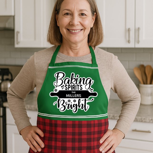 Baking Spirits Bright Custom Christmas Apron (Baking Spirits Bright Custom Christmas Apron With red and black gingham plaid and green)