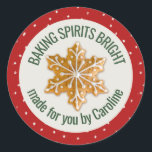 Baking Spirits Bright | Gingerbread Cookie Custom Classic Round Sticker<br><div class="desc">Add an extra touch to your holiday baking with these custom labels. A cream circle is centred over a Christmas red background that is scattered with hand-sketched falling snow. Centred in the middle is a decorated snowflake gingerbread cookie. Personalize the design by customizing the text using the provided templates. Perfect...</div>