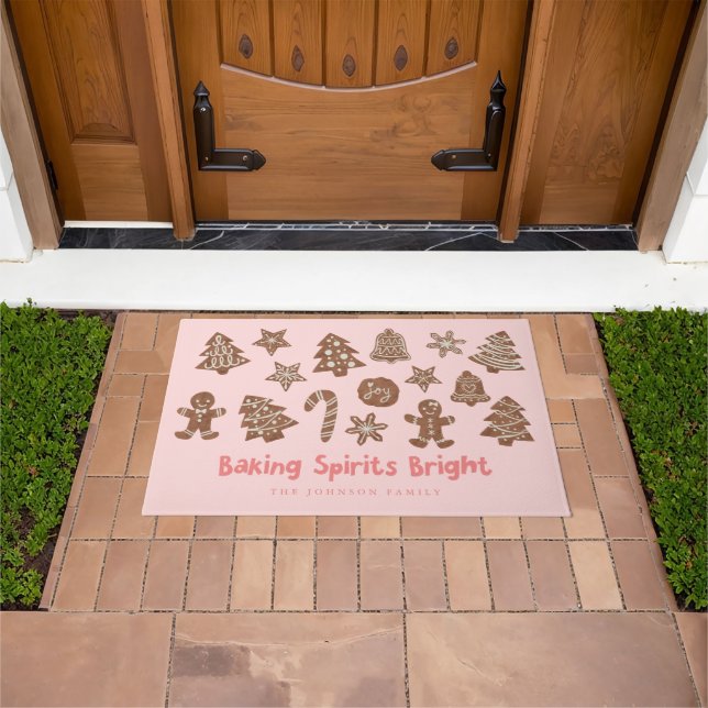 Baking Spirits Bright Holiday Cookies Pink Doormat (Outdoor)