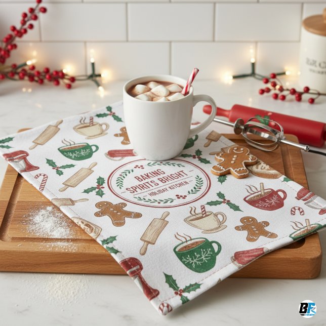 Baking Spirits Bright- Vintage Christmas Tea Kitchen Towel (Kitchen Towel)