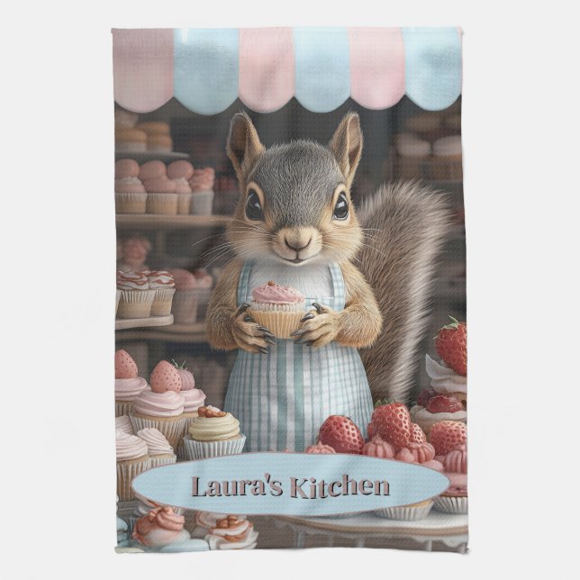 Baking Squirrel with Cupcake Kitchen Towel (Vertical)