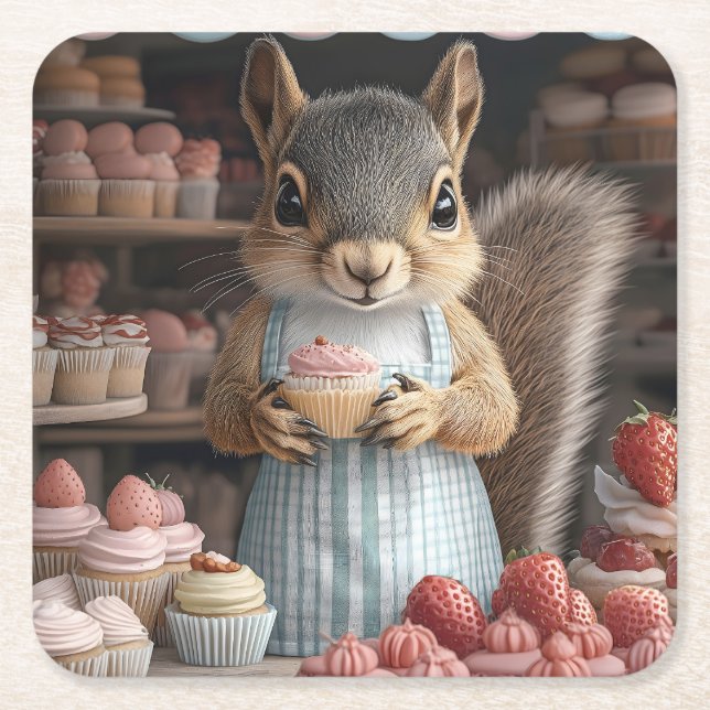 Baking Squirrel with Cupcake Square Paper Coaster (Front)