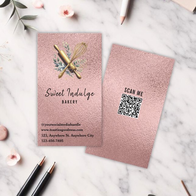 Baking Utensil QR Code Rose Gold Glitter Bakery  Business Card (Creator Uploaded)