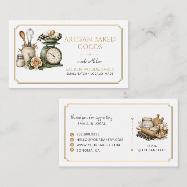 Baking Utensils Artisan Baker Bakery Gingham Business Card (Front/Back)