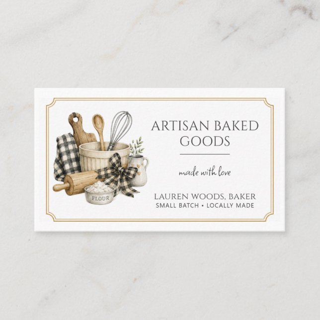 Baking Utensils Artisan Baker Bakery Gingham Business Card (Front)